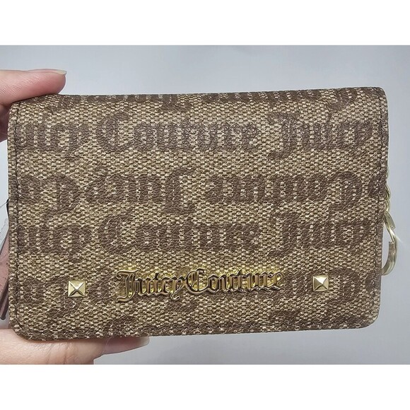 Juicy Couture Chestnut Chino & Pink Credit Card Bifold Wallet Key Ring NWT - Picture 2 of 10